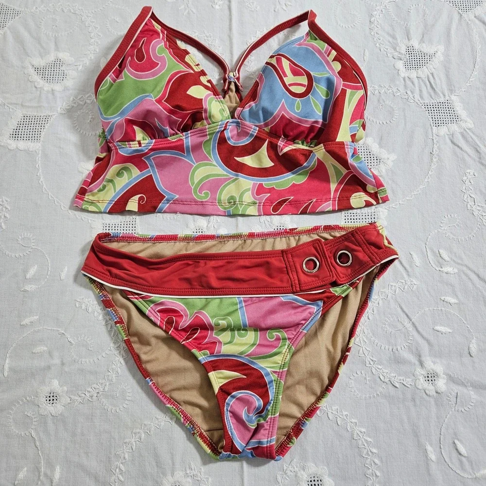 Athleta Womens Tankini Swimsuit Set Red Pink Paisley Floral 2 Piece Swim Beach M